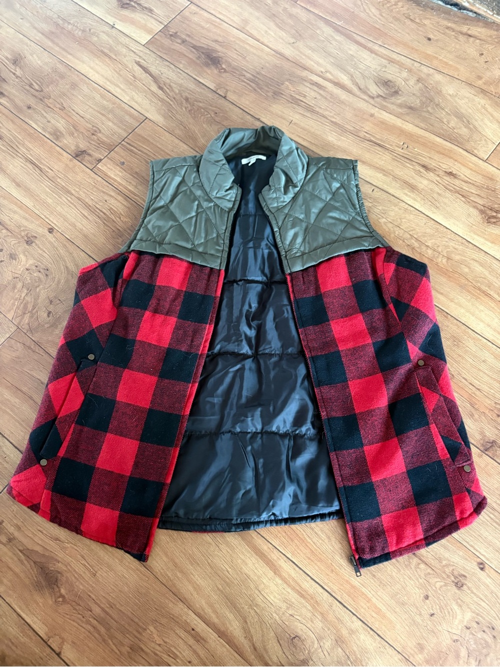 Maurices Red & Black Buffalo Plaid Utility Vest with Olive Quilted Collar